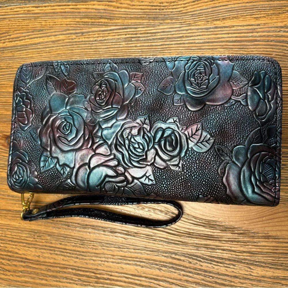 Vintage Style Floral Embossed Black Blue and Burgundy Women's Faux Clutch NWOT